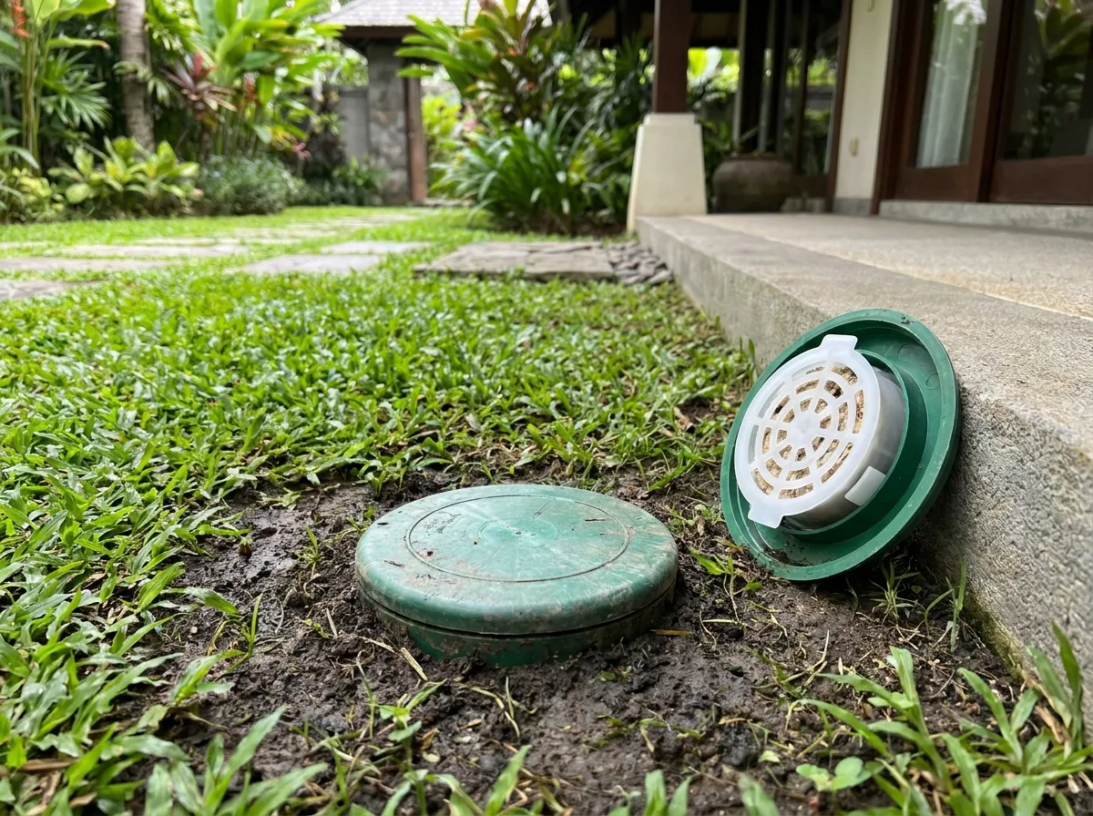 Green in-ground termite bait stations installed in a Bali villa garden