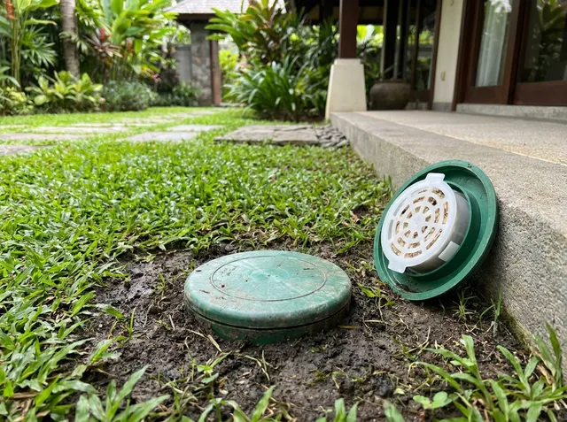 In-ground termite bait stations in a Bali villa lawn