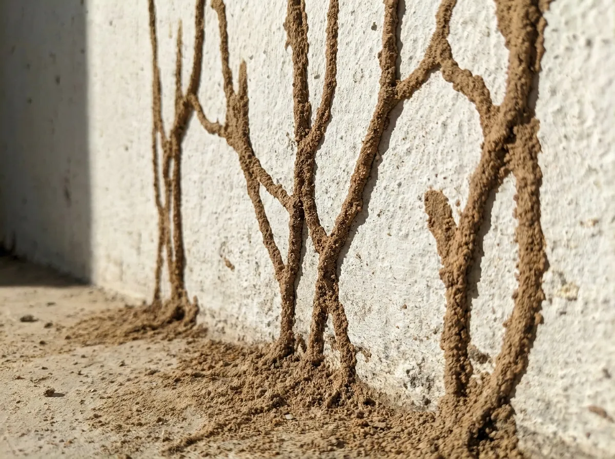 Termite mud shelter tubes running up a white villa wall in Bali