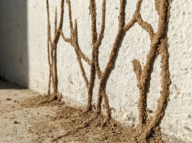 Termite mud shelter tubes climbing a villa wall